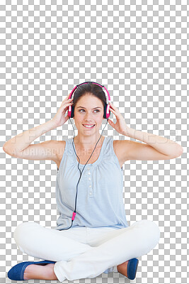 Buy stock photo Headphones, thinking and a woman listening to music with a smile for audio, radio or sound. Young person sit on floor with mp3 headset for a song or meditation isolated on transparent, png background