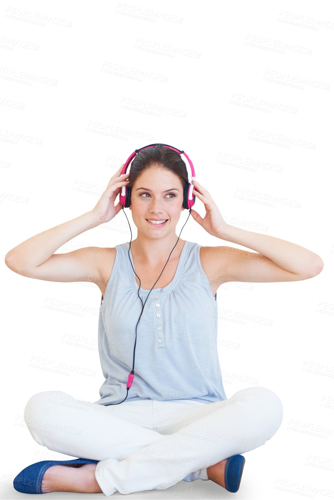 Buy stock photo Headphones, thinking and a woman listening to music with a smile for audio, radio or sound. Young person sit on floor with mp3 headset for a song or meditation isolated on transparent, png background