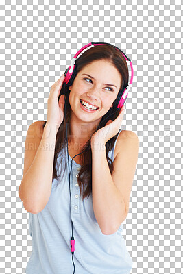 Buy stock photo Listening, happy woman and headphones for music streaming ideas, education podcast and electronics. Thinking, smile and person or student with audio technology isolated on transparent, png background