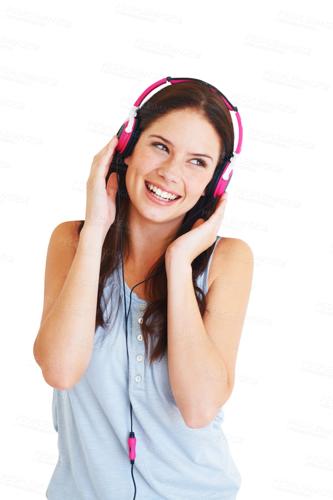 Buy stock photo Listening, happy woman and headphones for music streaming ideas, education podcast and electronics. Thinking, smile and person or student with audio technology isolated on transparent, png background