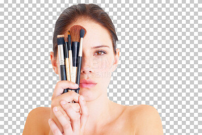 Buy stock photo Portrait, makeup and wellness with a woman isolated on a transparent background to apply cosmetics. Face, aesthetic and luxury beauty with a young female model holding a brush selection on PNG