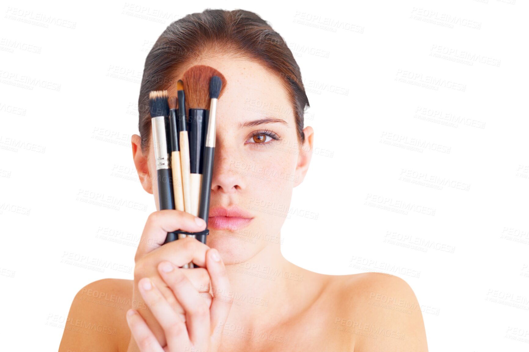 Buy stock photo Portrait, makeup and wellness with a woman isolated on a transparent background to apply cosmetics. Face, aesthetic and luxury beauty with a young female model holding a brush selection on PNG