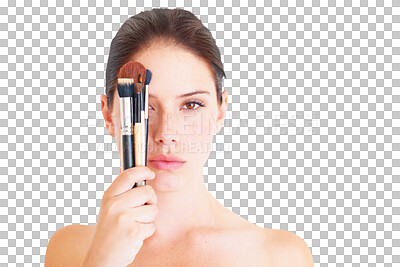 Buy stock photo Portrait, makeup and beauty with a woman isolated on a transparent background to apply cosmetics. Face, aesthetic and luxury wellness with a young female model holding a brush selection on PNG