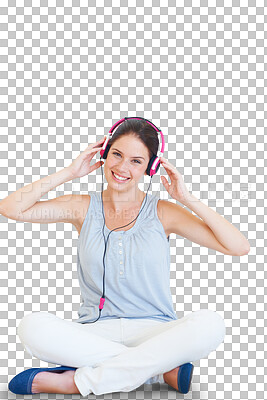 Buy stock photo Headphones, portrait and a happy woman listening to music with a smile for audio, radio or sound. Young person sit on floor with mp3 headset to listen to song isolated on transparent, png background