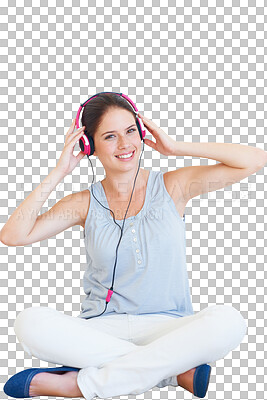 Buy stock photo Headphones, listening to music and a woman with a smile for audio, radio or sound. Portrait of young female person sit on floor and streaming a song isolated on a transparent, png background