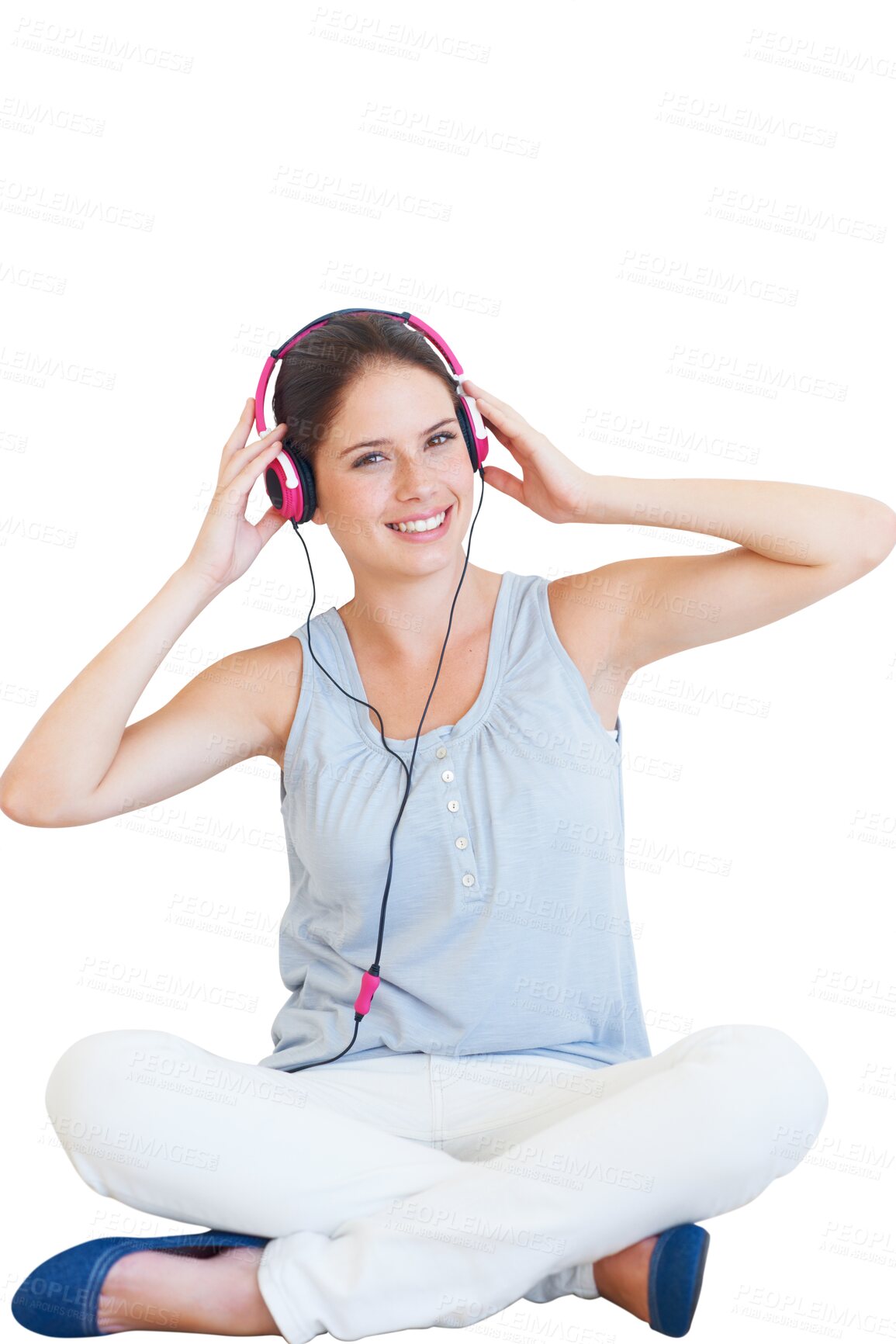 Buy stock photo Headphones, listening to music and a woman with a smile for audio, radio or sound. Portrait of young female person sit on floor and streaming a song isolated on a transparent, png background