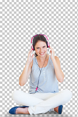 Buy stock photo Woman, music and headphones on floor in portrait in png or isolated and transparent background. Happy female, listening on earphones and streaming radio online for relaxing or fun with happiness.