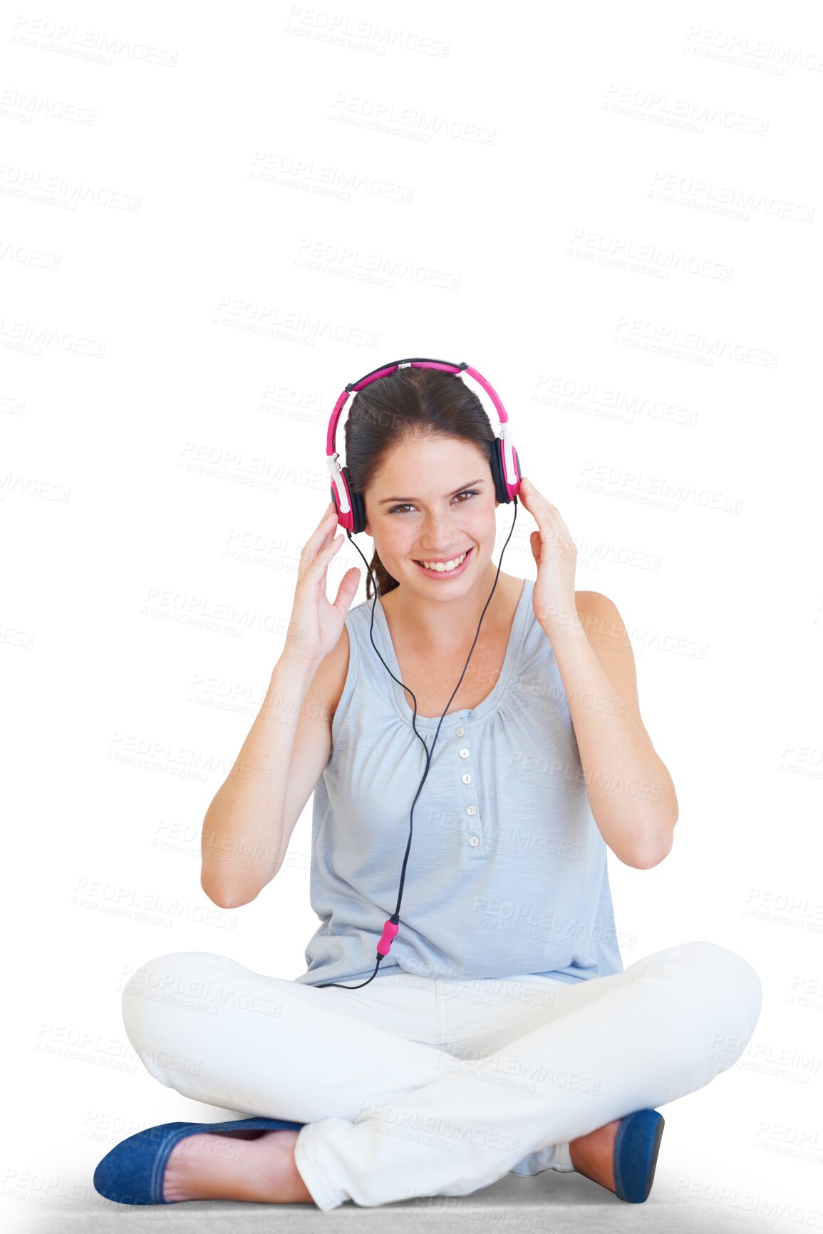 Buy stock photo Woman, music and headphones on floor in portrait in png or isolated and transparent background. Happy female, listening on earphones and streaming radio online for relaxing or fun with happiness.