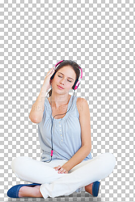 Buy stock photo Headphones, woman and listening to music for peace with audio, radio or sound. Young female person with eyes closed and headset for a song or calm meditation isolated on a transparent, png background