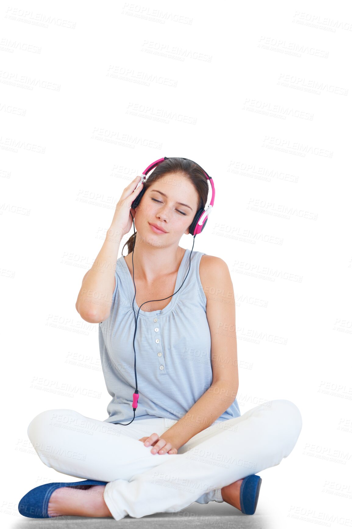 Buy stock photo Headphones, woman and listening to music for peace with audio, radio or sound. Young female person with eyes closed and headset for a song or calm meditation isolated on a transparent, png background