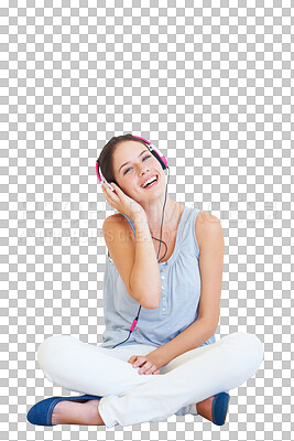 Buy stock photo Music, headphones and woman on floor in portrait in png or isolated and transparent background. Earphones, happy female and headset for listening to song or radio for happiness and relaxing. 