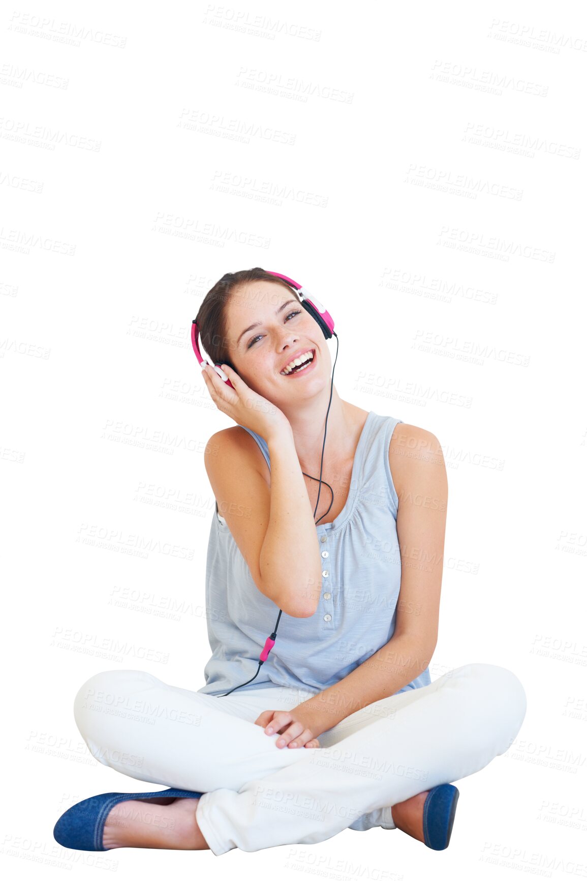 Buy stock photo Music, headphones and woman on floor in portrait in png or isolated and transparent background. Earphones, happy female and headset for listening to song or radio for happiness and relaxing. 