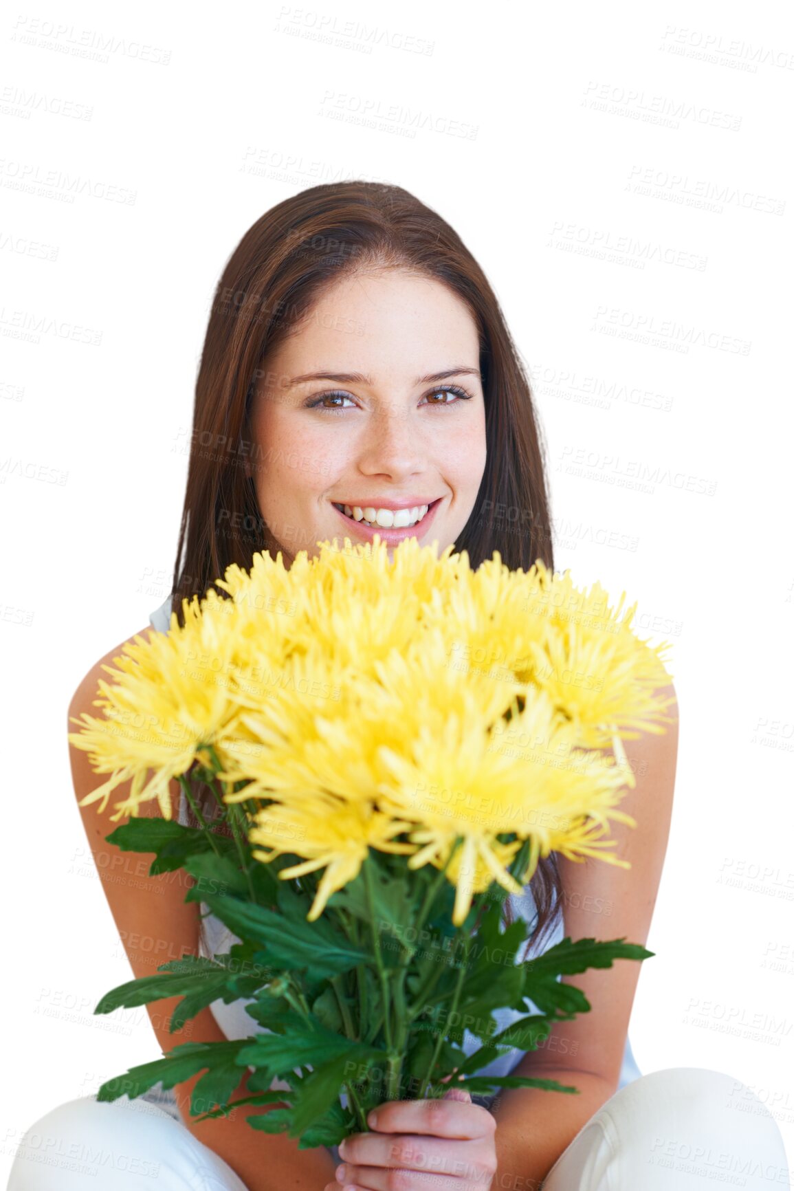 Buy stock photo Isolated woman, flowers and portrait with present, smile and beauty for celebration by transparent png background. Girl, model and flower bouquet for gift, birthday or valentines day date with love