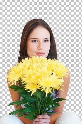 Buy stock photo Isolated woman, flower bouquet and portrait for present, beauty or celebrate by transparent png background. Girl, model or yellow flowers for gift, birthday or valentines day on date, support or love