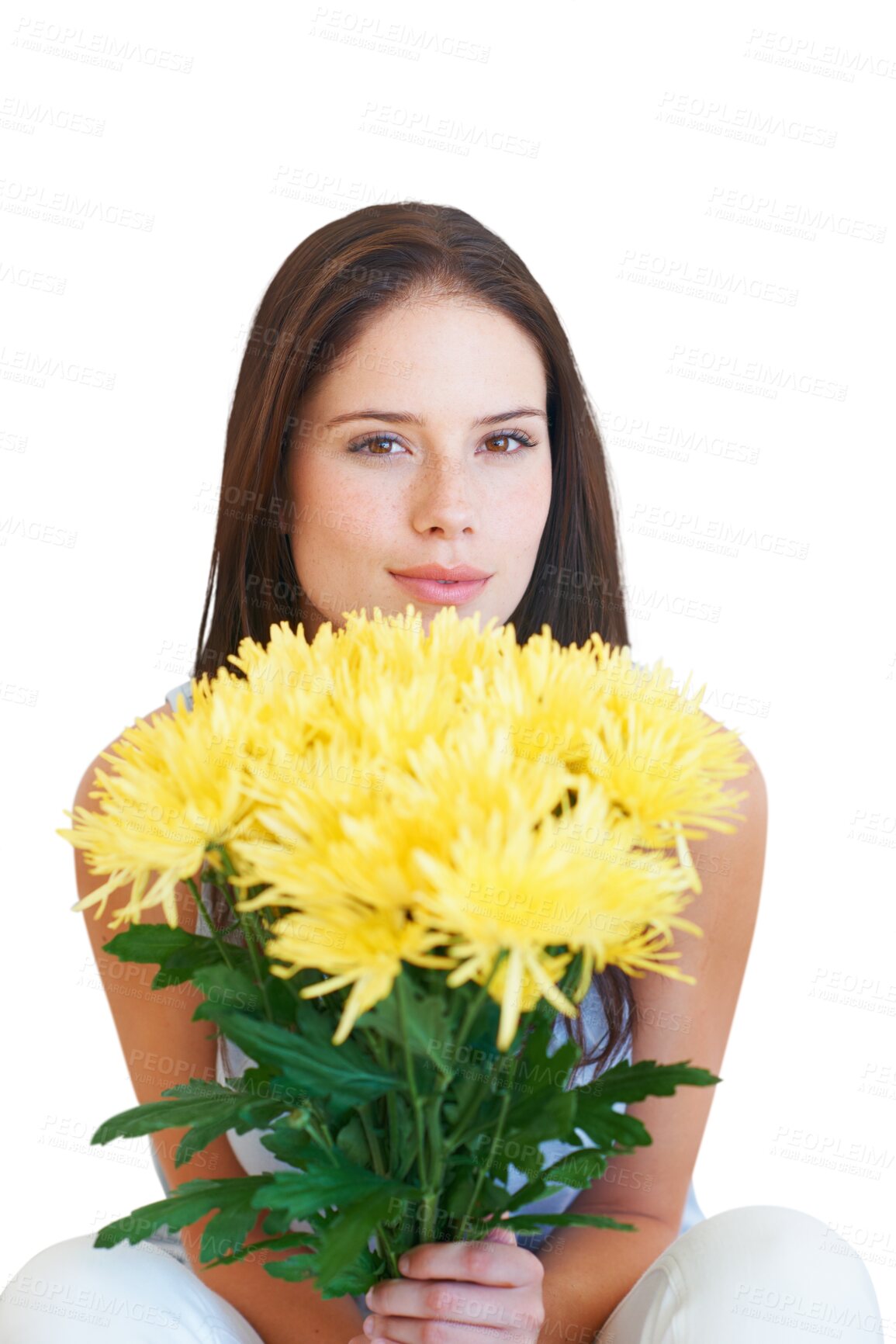 Buy stock photo Isolated woman, flower bouquet and portrait for present, beauty or celebrate by transparent png background. Girl, model or yellow flowers for gift, birthday or valentines day on date, support or love