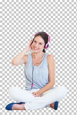 Buy stock photo Portrait, headphones and music with woman on floor in png or isolated and transparent background. Happy female, listening and headset to enjoy the radio or popular songs for rest with happiness.