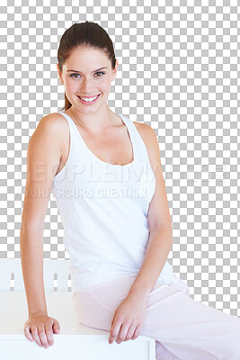 Buy stock photo Portrait, happy and young woman for fitness, workout and health in sports fashion and happiness. Smile of beautiful person taking a break from exercise training isolated on transparent png background