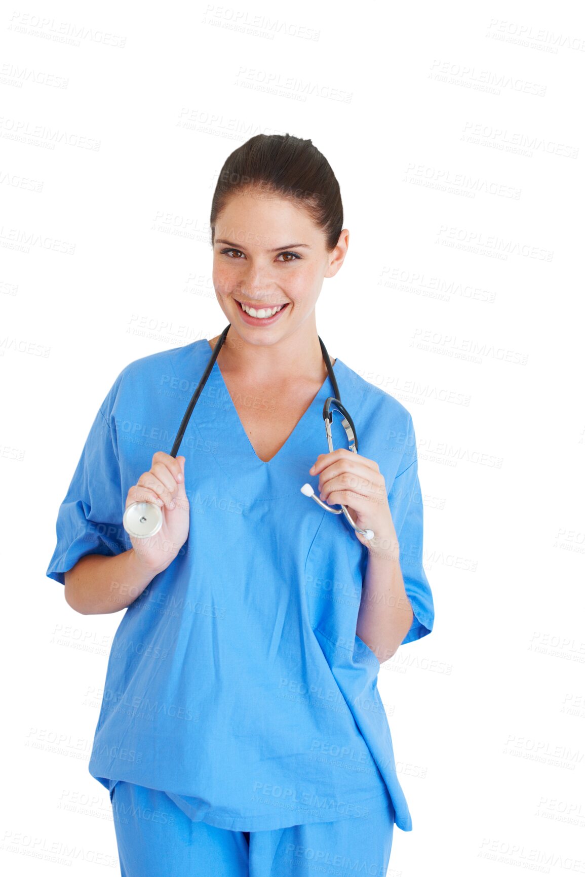 Buy stock photo Woman, doctor and portrait in blue uniform for healthcare service, cardiology and student internship. Medical person, surgeon or nurse for nursing and clinic isolated on transparent, png background 