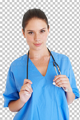 Buy stock photo Portrait, healthcare and stethoscope with a nurse woman in scrubs isolated on a transparent background. Medical, health and trust with a female medicine professional on PNG for cardiovascular care