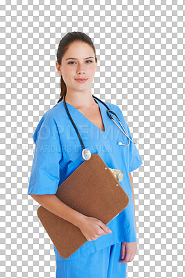 Buy stock photo Isolated nurse woman, portrait and clipboard for check, notes and insurance info by transparent png background. Female medic, doctor and checklist with pride for job in healthcare, wellness or clinic