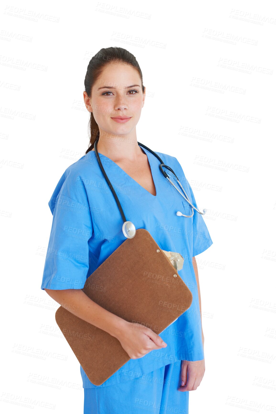 Buy stock photo Isolated nurse woman, portrait and clipboard for check, notes and insurance info by transparent png background. Female medic, doctor and checklist with pride for job in healthcare, wellness or clinic