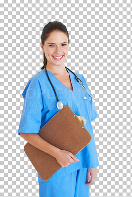 Buy stock photo Isolated nurse woman, portrait and checklist with smile, notes and insurance info by transparent png background. Female medic, doctor and clipboard for results in healthcare, wellness and clinic job