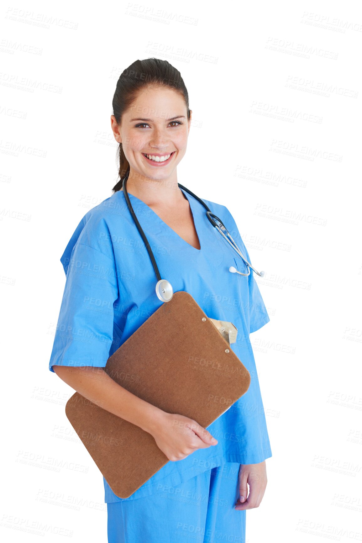 Buy stock photo Isolated nurse woman, portrait and checklist with smile, notes and insurance info by transparent png background. Female medic, doctor and clipboard for results in healthcare, wellness and clinic job