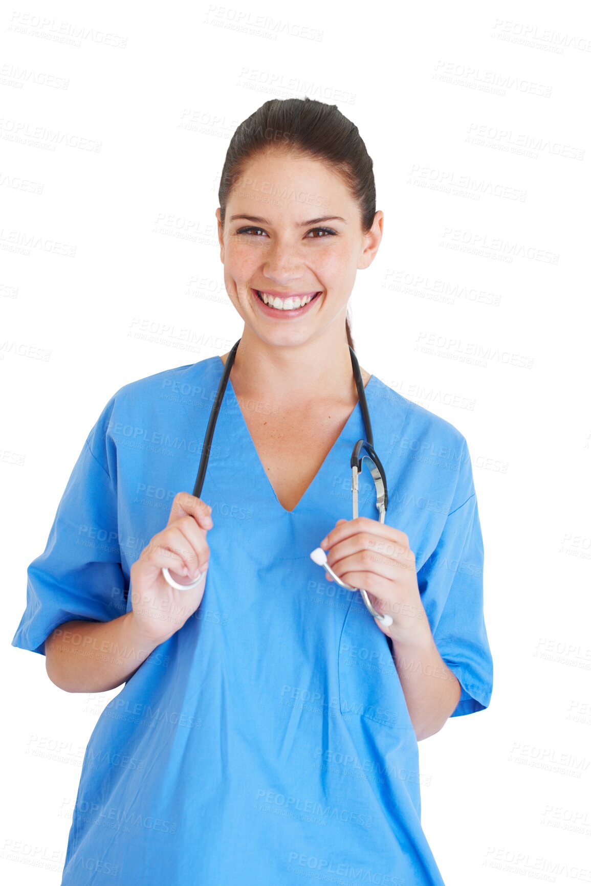 Buy stock photo Woman, portrait and nurse in blue uniform for healthcare service, cardiology and student internship. Medical person, surgeon or doctor for hospital or clinic isolated on transparent, png background 