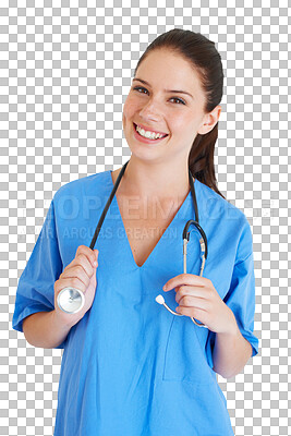 Buy stock photo Woman, doctor and nurse portrait for happy healthcare service, clinic or cardiology with stethoscope. Face of medical person, surgeon or student internship isolated on transparent png background 