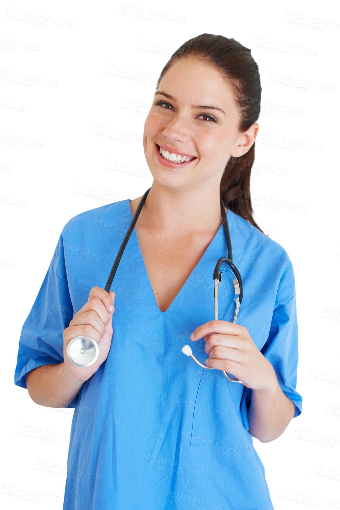 Buy stock photo Woman, doctor and nurse portrait for happy healthcare service, clinic or cardiology with stethoscope. Face of medical person, surgeon or student internship isolated on transparent png background 