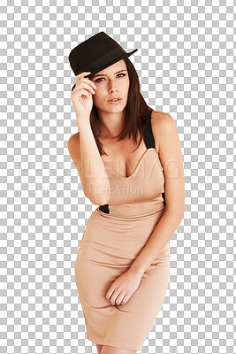 Buy stock photo Fashion, style and woman in portrait, dress with glamour isolated on transparent png background. Trendy, stylish female model and beauty with hat, edgy and sexy person, fashionable and cool 