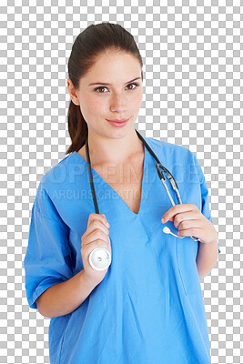 Buy stock photo Happy portrait, young woman and doctor isolated on transparent png background for healthcare or cardiology service. Stethoscope, adn and medical person or nurse for adn, internship or clinic support