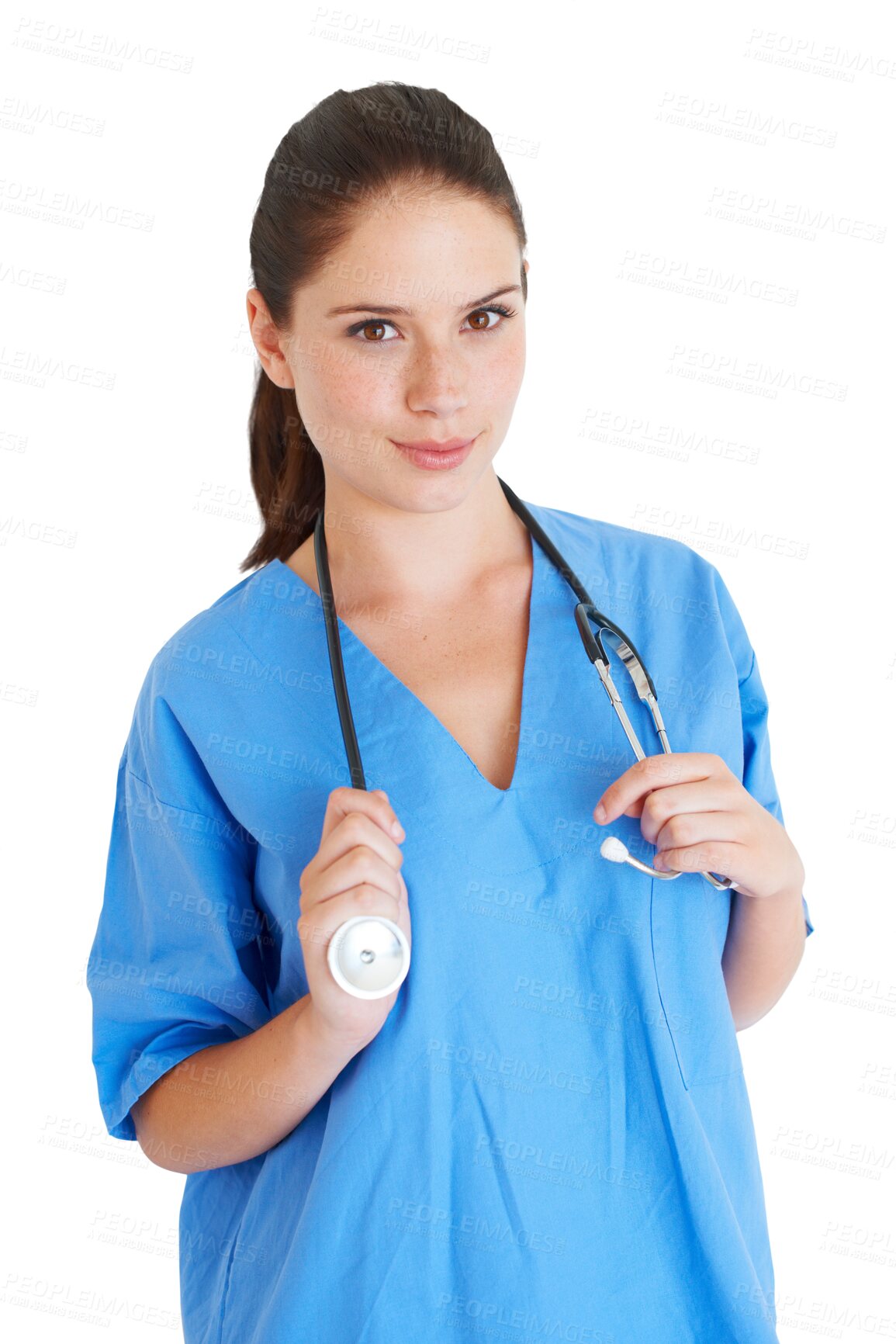 Buy stock photo Happy portrait, young woman and doctor isolated on transparent png background for healthcare or cardiology service. Stethoscope, adn and medical person or nurse for adn, internship or clinic support