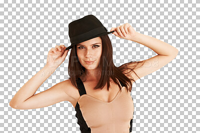 Buy stock photo Portrait, fashion and happy woman with hat isolated on a transparent png background. Fedora, confident face and smile of female model from Spain with trendy outfit, elegant clothes and classy style.