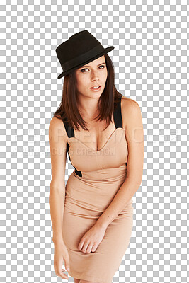 Buy stock photo Portrait, dress and serious woman with hat isolated on a transparent png background. Fedora, fashion and confidence of female model from Spain with trendy outfit, elegant clothes and classy style.