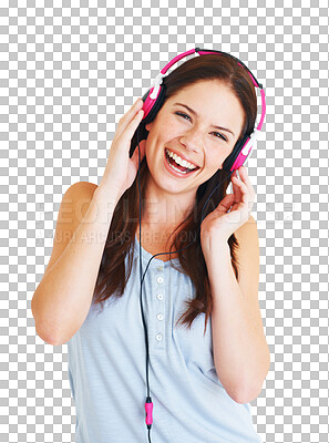 Buy stock photo Portrait, happy woman and headphones, music and audio streaming or funny podcast on electronics. Smile, excited and young person listening to comedy and laugh isolated on transparent, png background