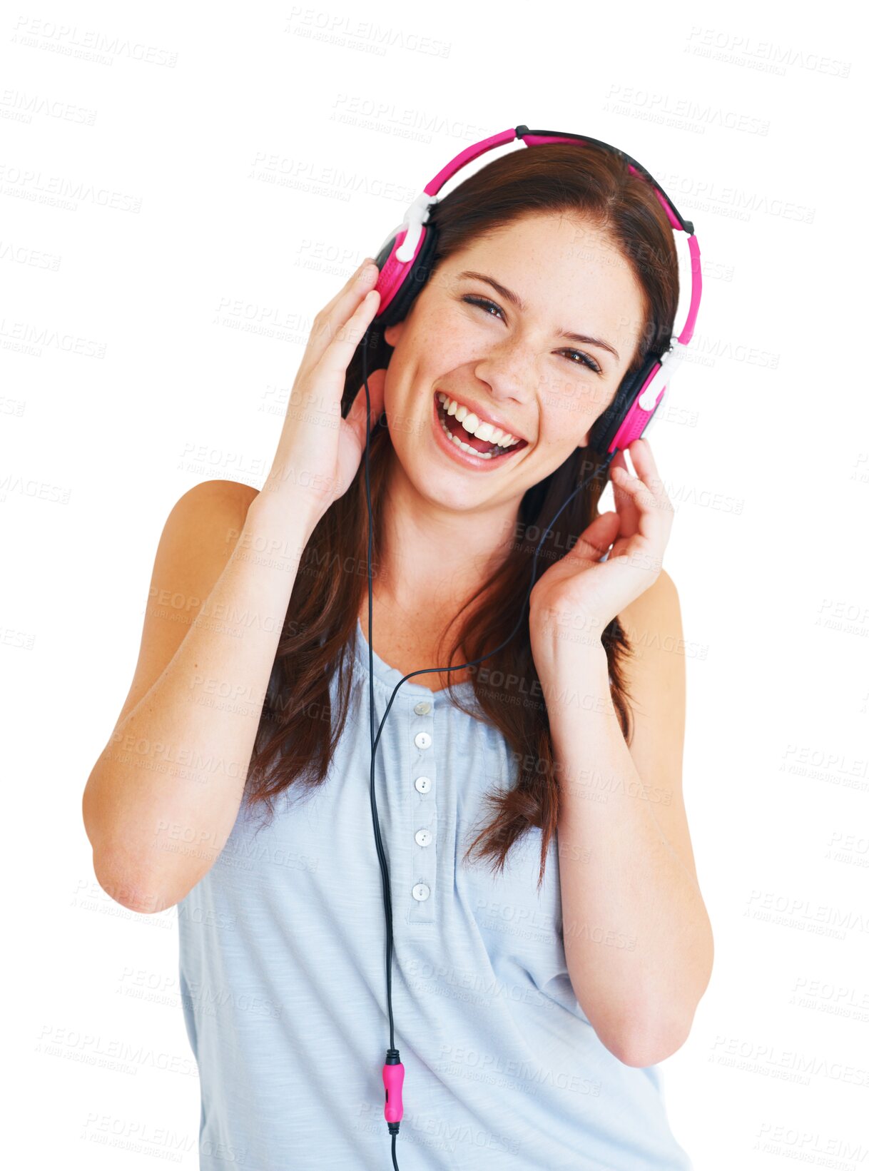 Buy stock photo Portrait, happy woman and headphones, music and audio streaming or funny podcast on electronics. Smile, excited and young person listening to comedy and laugh isolated on transparent, png background