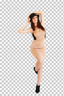 Buy stock photo Portrait, fashion and serious woman with hat isolated on a transparent png background. Fedora, confidence and female model in dress from Spain with trendy outfit, elegant clothes and classy style.