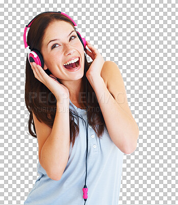 Buy stock photo Headphones, music and excited or happy woman streaming audio or mental health podcast. Smile, laughing and young person listening, funny comedy and electronics isolated on transparent, png background