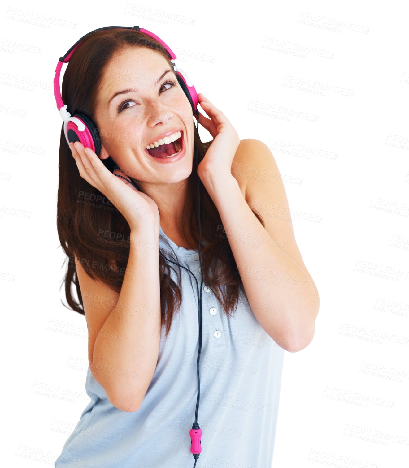 Buy stock photo Headphones, music and excited or happy woman streaming audio or mental health podcast. Smile, laughing and young person listening, funny comedy and electronics isolated on transparent, png background