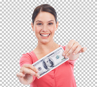 Buy stock photo Money, dollar and smile of woman in portrait isolated on a transparent png background. Cash, finance and face of girl with note for investment, financial deal or promotion, winner of prize or lottery