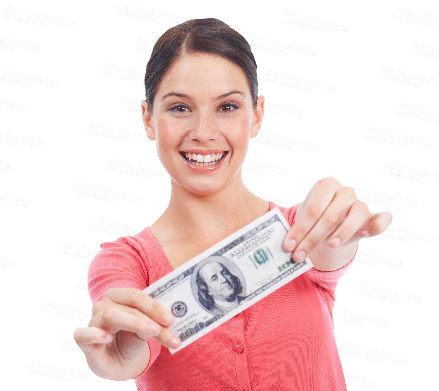 Buy stock photo Money, dollar and smile of woman in portrait isolated on a transparent png background. Cash, finance and face of girl with note for investment, financial deal or promotion, winner of prize or lottery