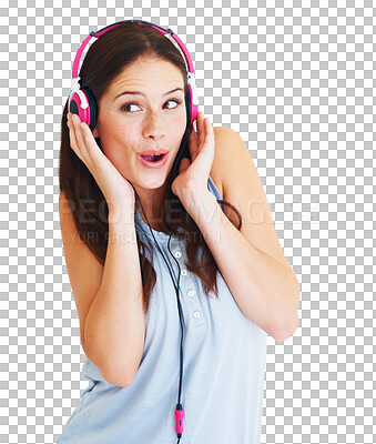 Buy stock photo Excited, headphones and a woman listening to music, audio sound or radio. Young female person with mp3 headset thinking of happy, popular or favourite song isolated on a transparent, png background