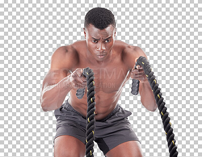 Buy stock photo Fitness, muscle and gym with black man and rope on transparent background for challenge, workout and focus. Exercise, training and strong with person isolated on png for bodybuilder, health and power