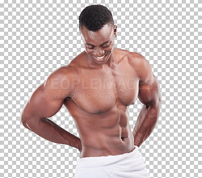 Buy stock photo Shower, body and hygiene with a black man shirtless isolated on a transparent background for grooming. Health, fitness and muscle with a happy young male fresh in a towel after cleaning on PNG