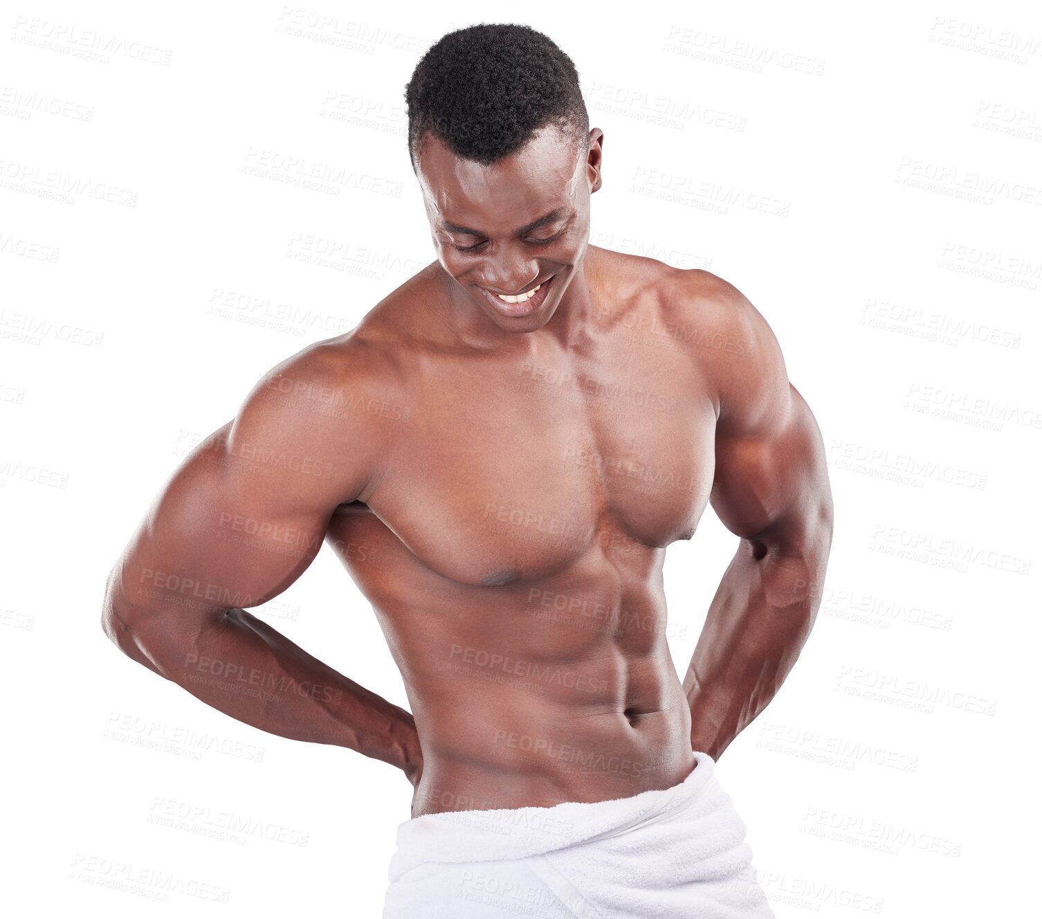 Buy stock photo Shower, body and hygiene with a black man shirtless isolated on a transparent background for grooming. Health, fitness and muscle with a happy young male fresh in a towel after cleaning on PNG