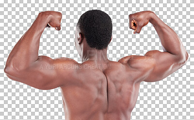 Buy stock photo Fitness, muscle and flex with back of black man on transparent background for workout, strong and health. Exercises, training and bodybuilder with person isolated on png for challenge and wellness