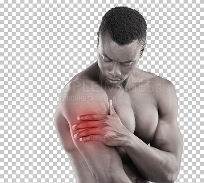 Buy stock photo Shoulder pain, red injury and man for fitness, muscle or healthcare isolated on transparent png background. Workout, exercise and sports accident of athlete, body builder or african person in overlay