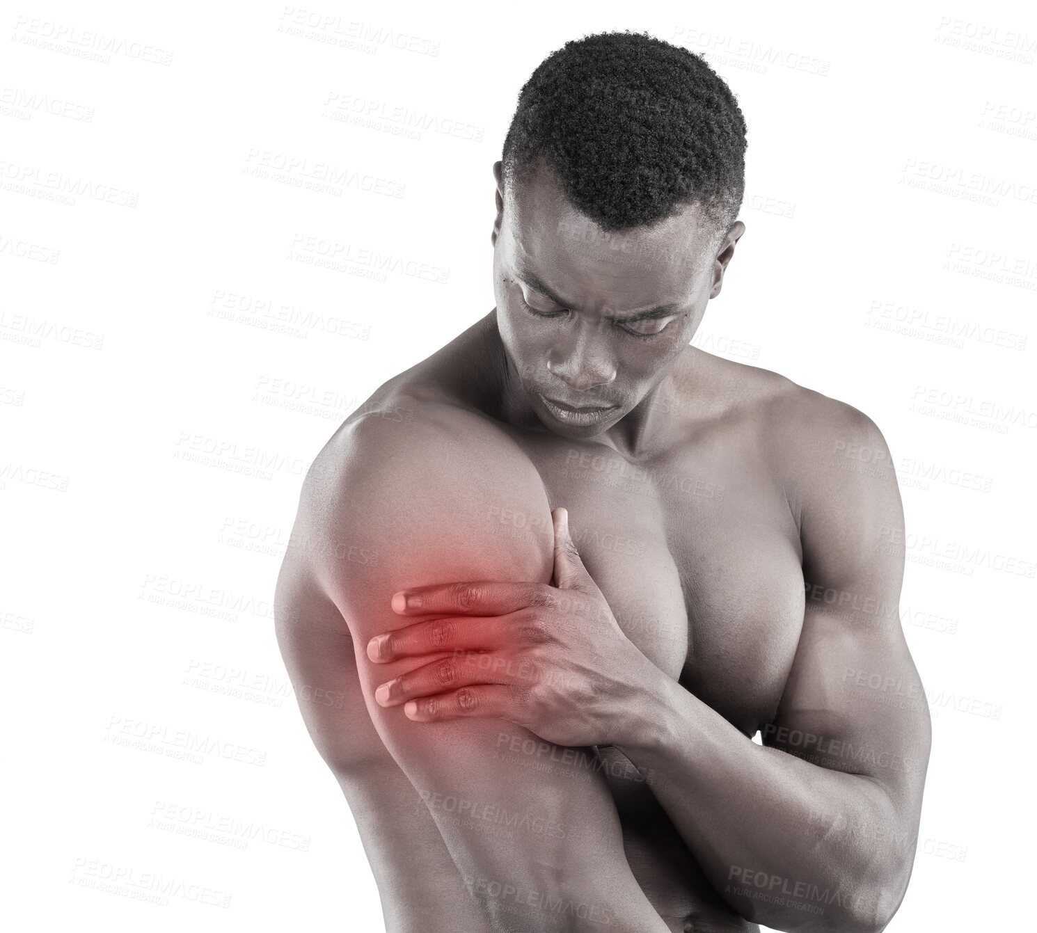 Buy stock photo Shoulder pain, red injury and man for fitness, muscle or healthcare isolated on transparent png background. Workout, exercise and sports accident of athlete, body builder or african person in overlay