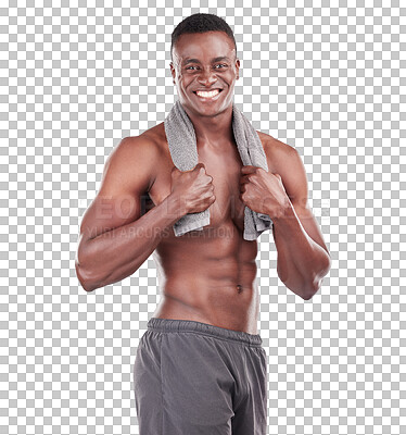 Buy stock photo Shower, wellness and happy black man with towel on isolated, PNG and transparent background. Fitness, cleaning and male person with muscle, exercise and workout for washing body, hygiene and skincare